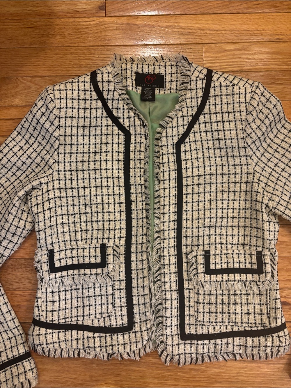 True Meaning White & Black Tweed Fringe-Trim Jacket and Grosgrain detail